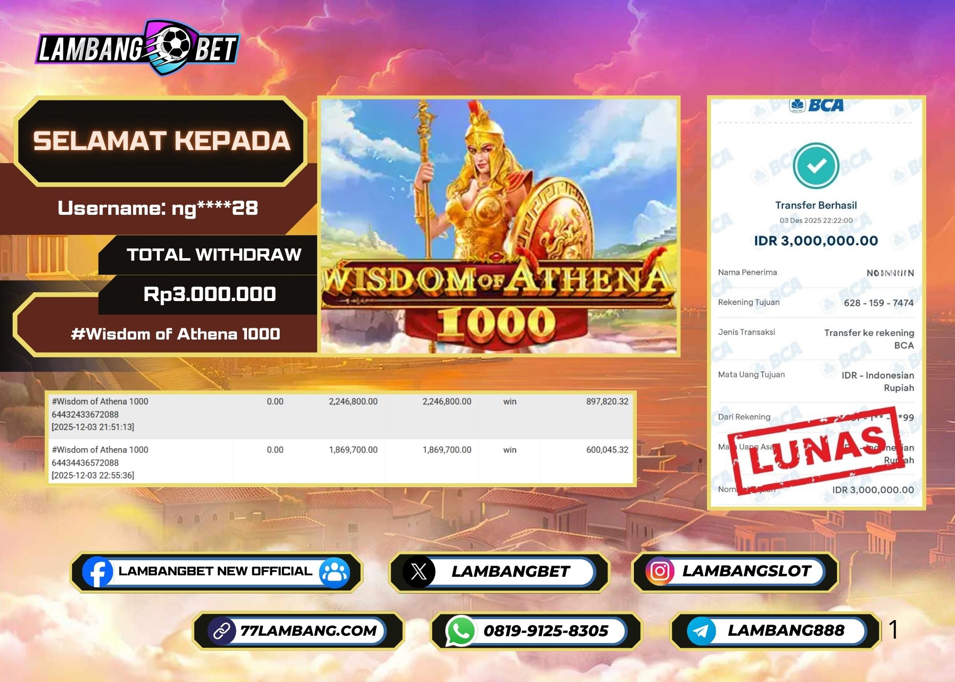 LAMBANGBET [3 DESEMBER 2025] JACKPOT SLOT Wisdom of Athena 1000 "Rp3.000.000" LUNAS